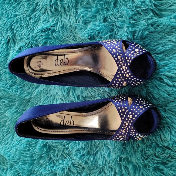Deb Royal Blue Satin Peep Toe Heels Size 8.5 - Picture 2 of 9